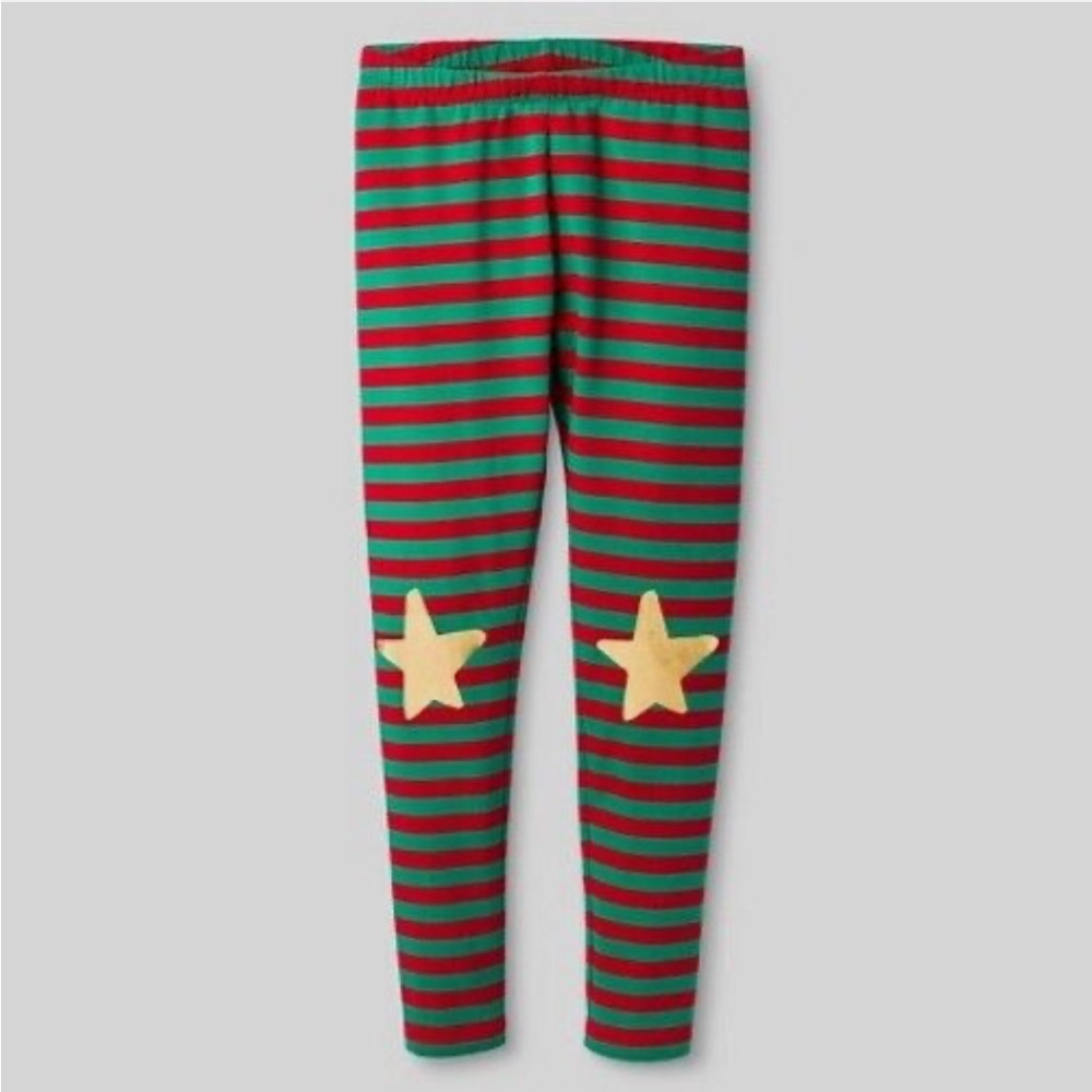 Cat & Jack Girls Holiday Elf Red & Green Striped Star Leggings XL Girls 14/16